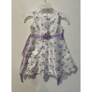Youngland 4T Month Toddler  Dress WHITE & PURPLE w/FLORAL Rose & Ribbon